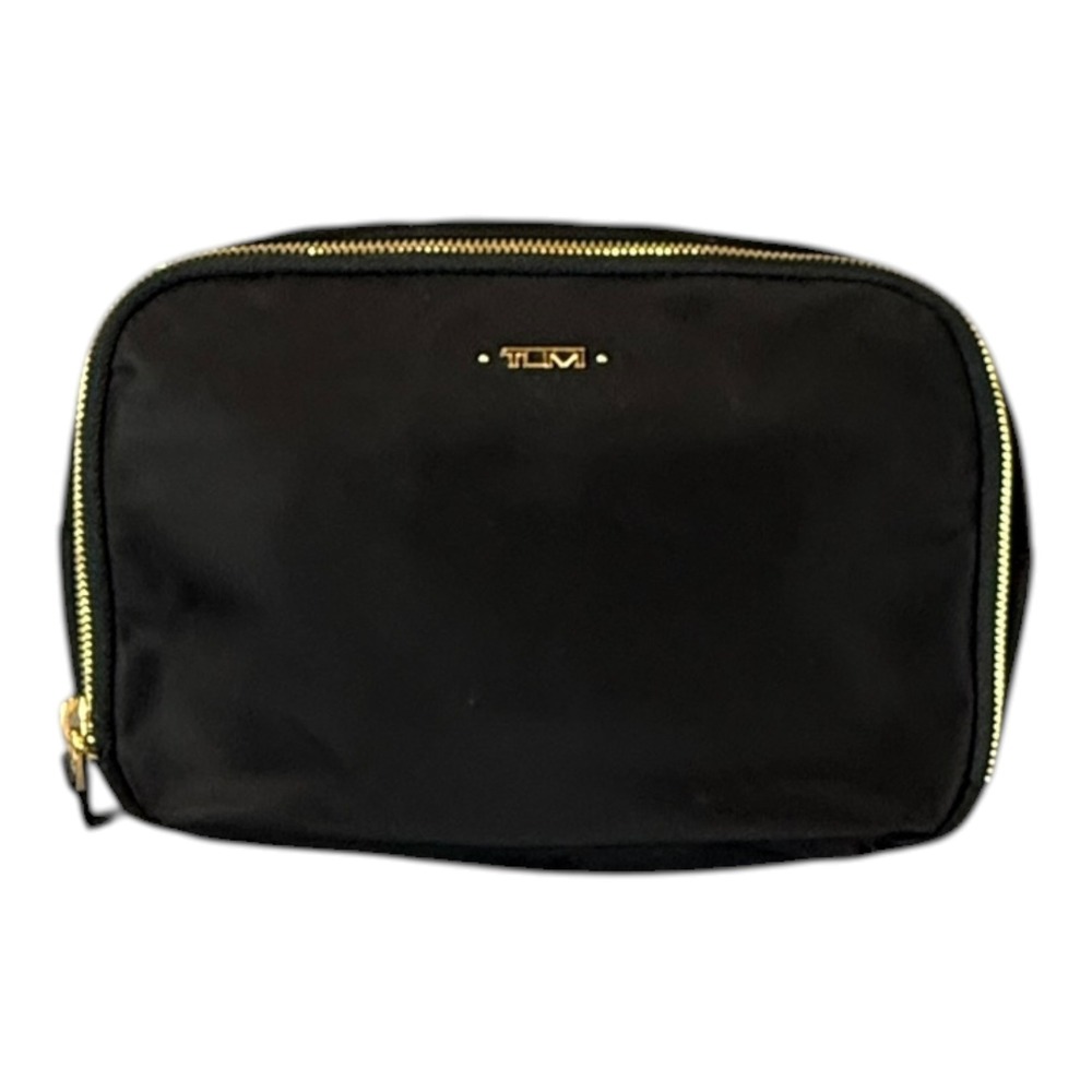 TUMI Cosmetic Bag Women Small Black Travel Nylon Gold Hardware Pouch Vacation